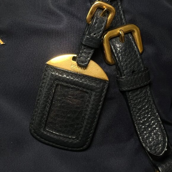 Prada Buckle Tote Bag Navy Tessuto Nylon Black Leather Trim w/Adjustable Handles - Picture 9 of 10